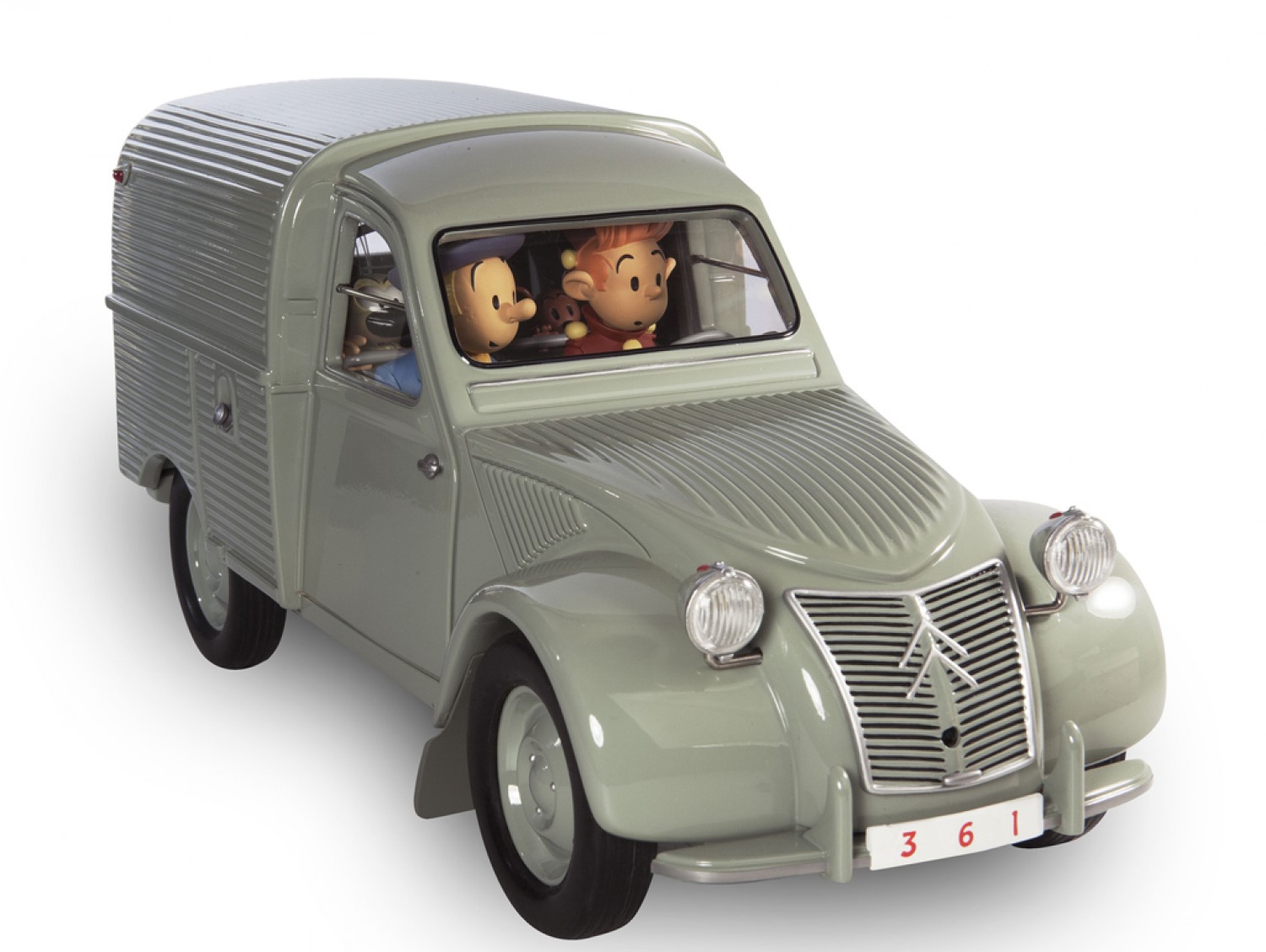 Spirou & Fantasio 2CV camionnette 1955- Résine, métal et bois. Longueur 32 cm.