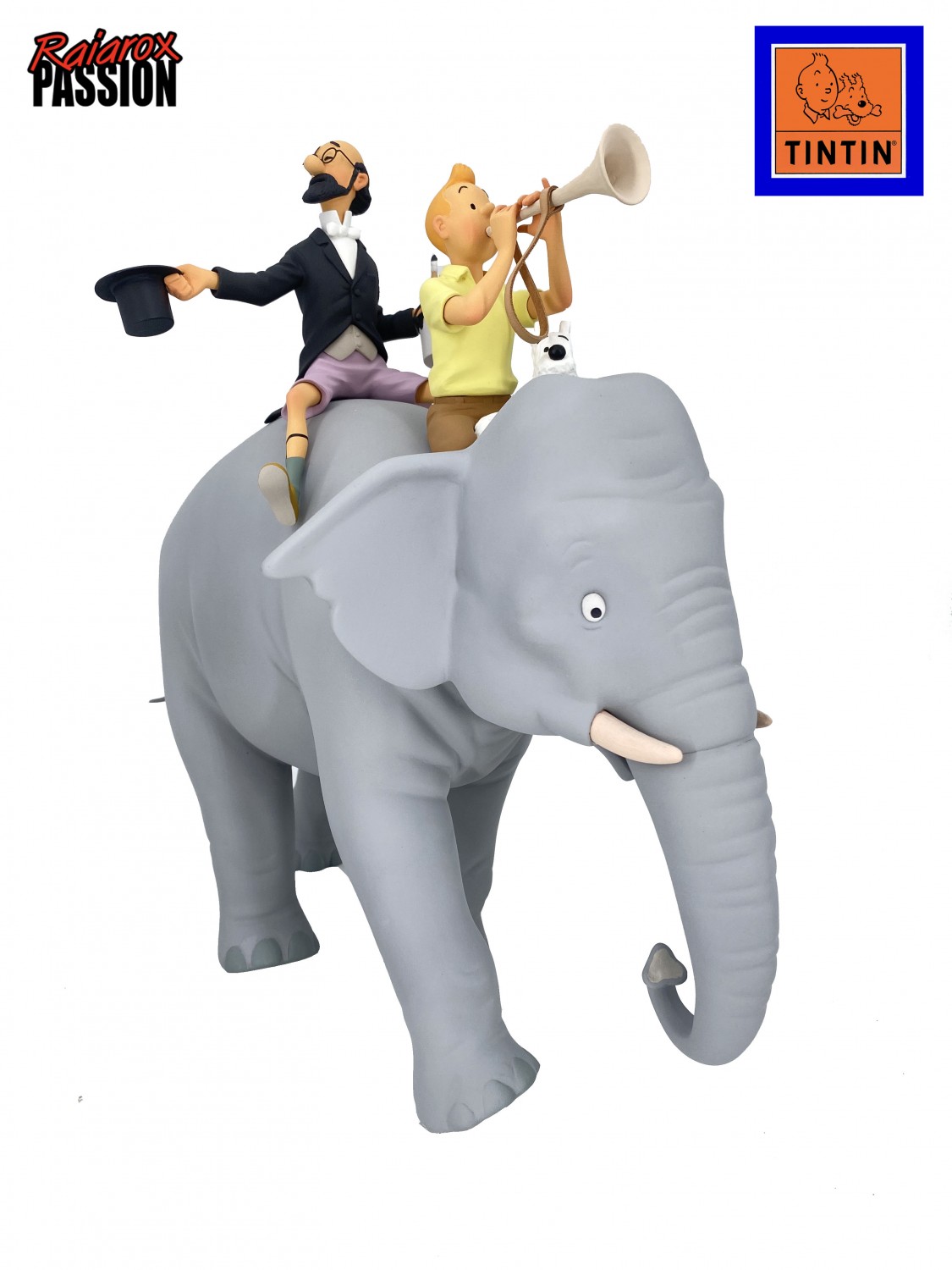 Tintin et Philémon sur un éléphant - statuette résine 37 cm